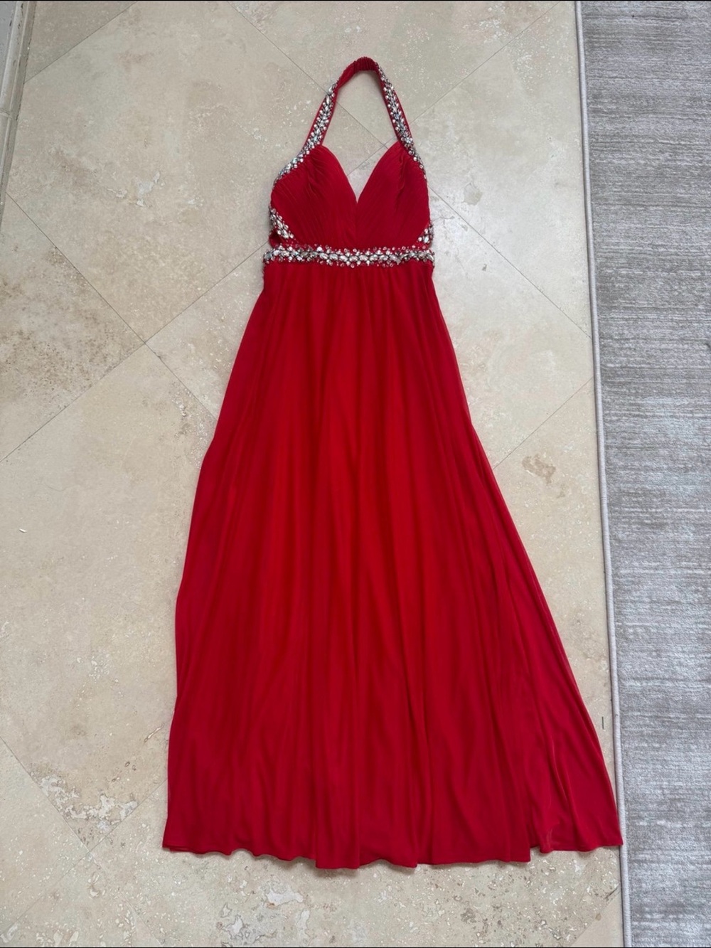 Sequin Hearts Red Halter Prom Gown with Crystal Accents